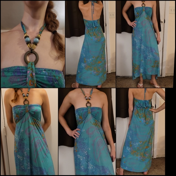 Halter maxi dress- Teel Medium. Beads. - Picture 1 of 7